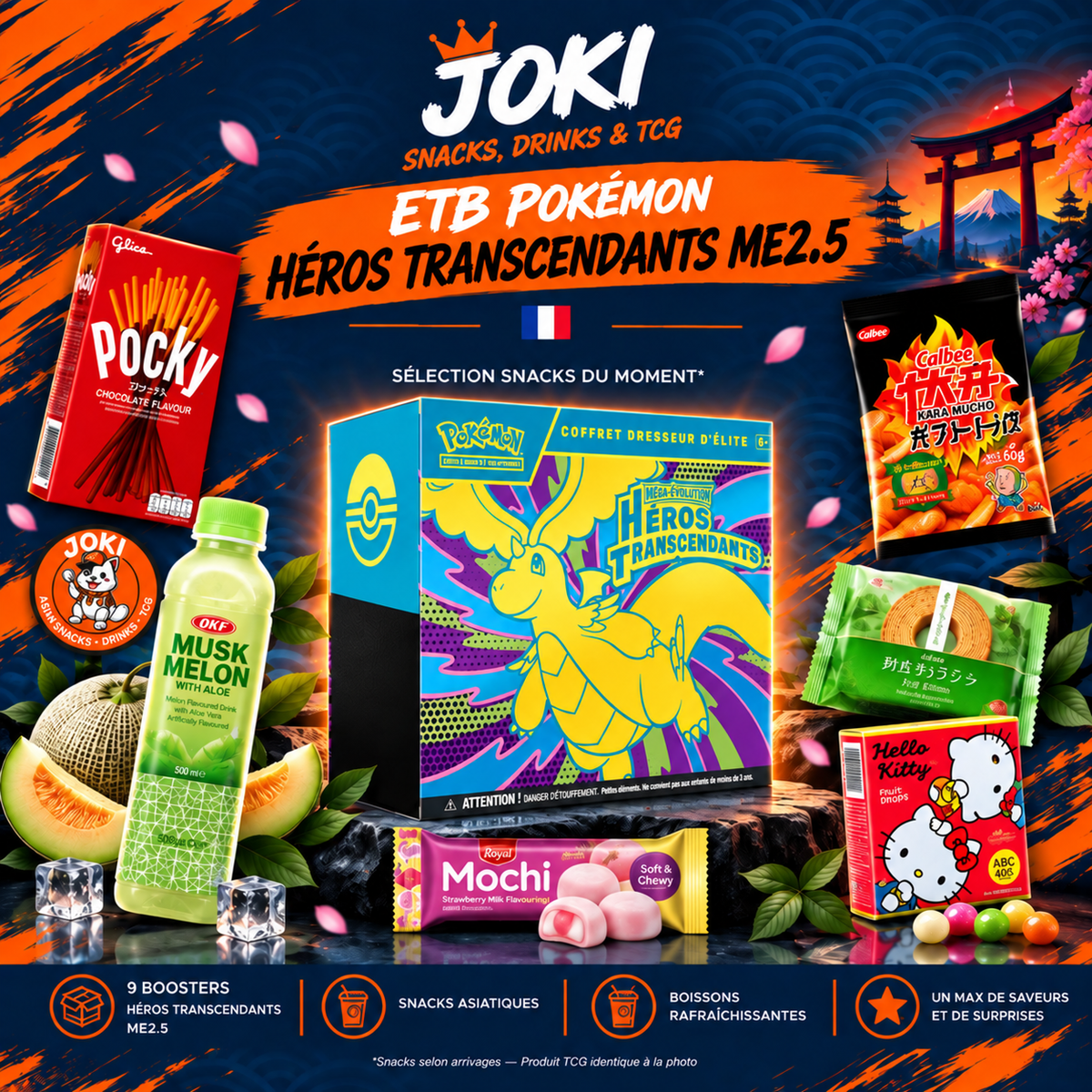 JOKI Box — 1X ETB Pokémon Héros Transcendants ME2.5 + 6 Snacks