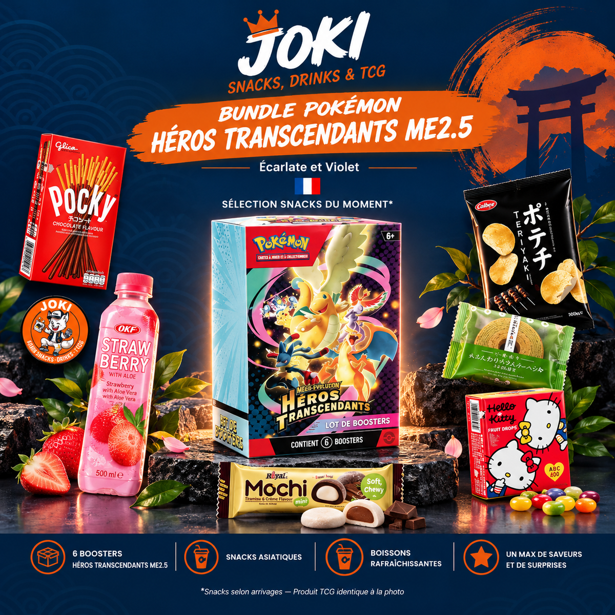 JOKI Box — 1X Bundle Pokémon Héros Transcendants ME2.5 + 6 Snacks