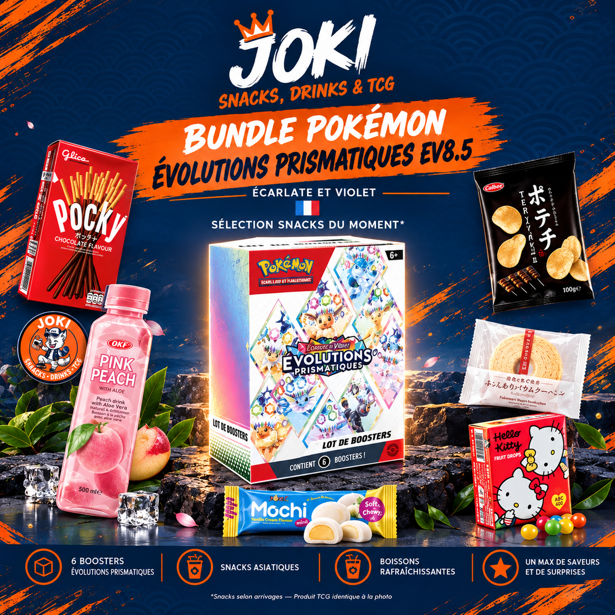 JOKI Box — 1X Bundle Pokémon Évolutions Prismatiques EV8.5 + 6 Snacks