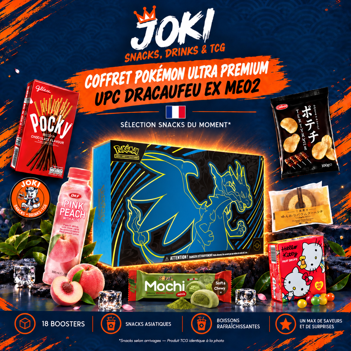 JOKI Box - 1X Coffret Pokémon  Ultra Premium - UPC Dracaufeu Ex ME02 + 6 Snacks