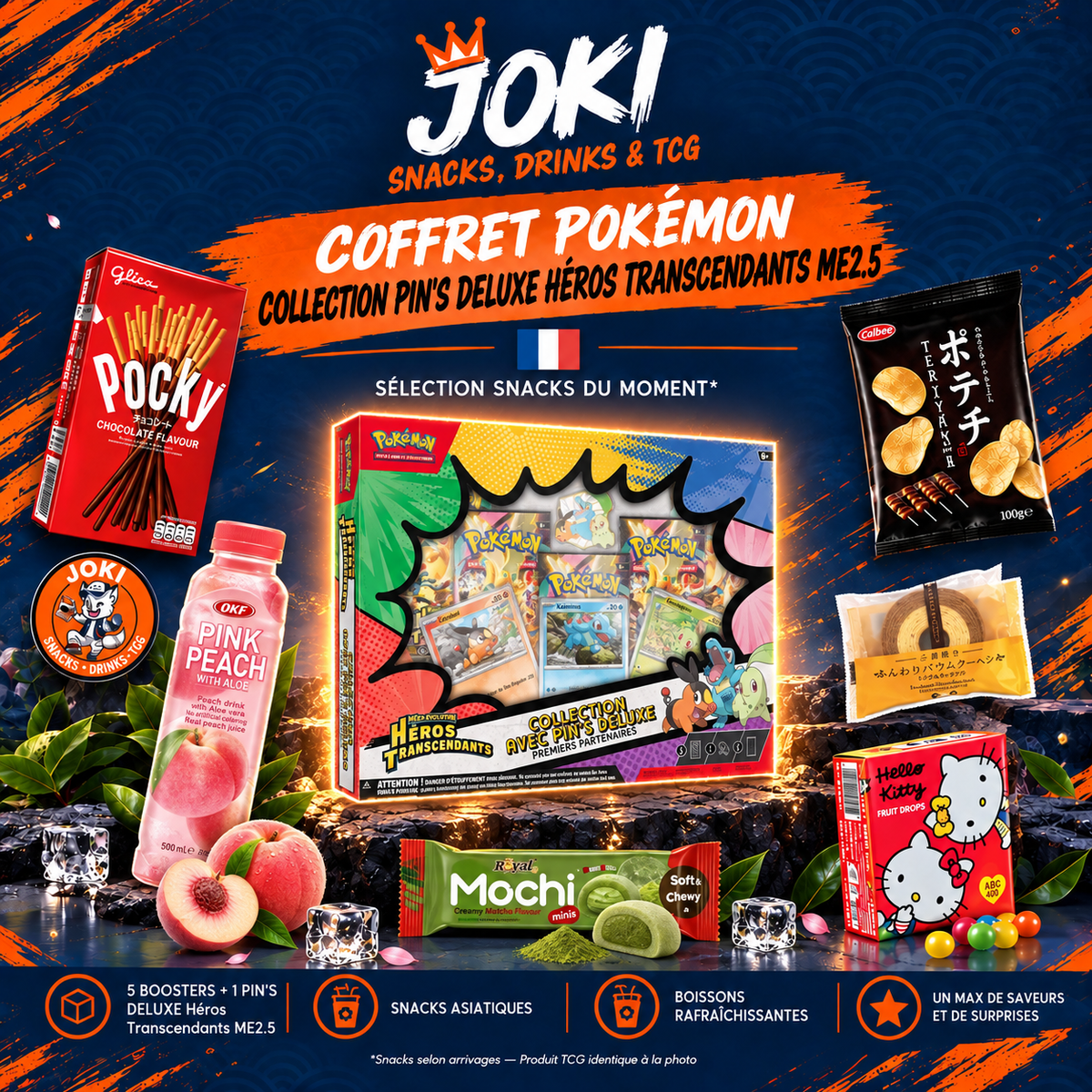 JOKI Box - 1X Coffret Pokémon Collection Pin’s Deluxe Héros Transcendants ME2.5 + 6 Snacks